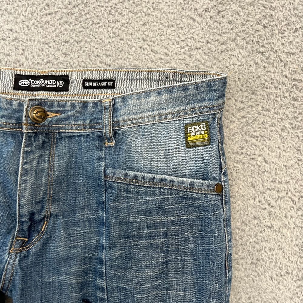 Ecko Unltd Slim‎ Straight Jeans Mens 34 Blue Excellent Y2K Embroidered Denim - Picture 8 of 16